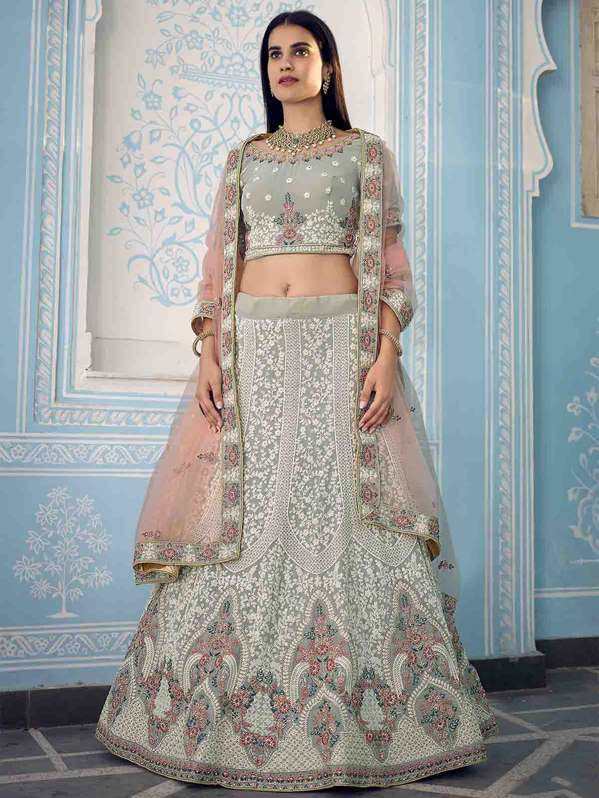 Grey Designer Semi Stitched Lehenga With  Unstitched Blouse Clothsvilla