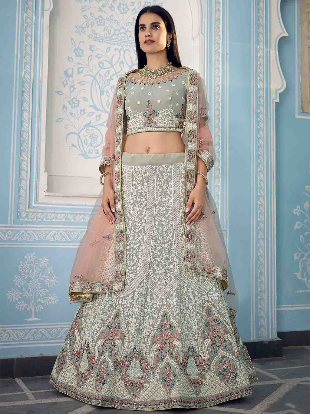 Grey Designer Semi Stitched Lehenga With  Unstitched Blouse Clothsvilla