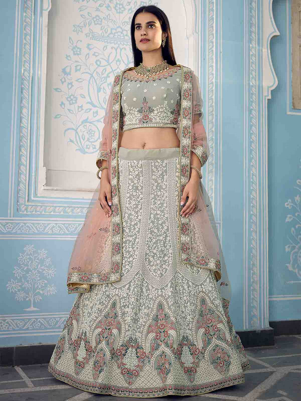 Grey Designer Semi Stitched Lehenga With  Unstitched Blouse Clothsvilla