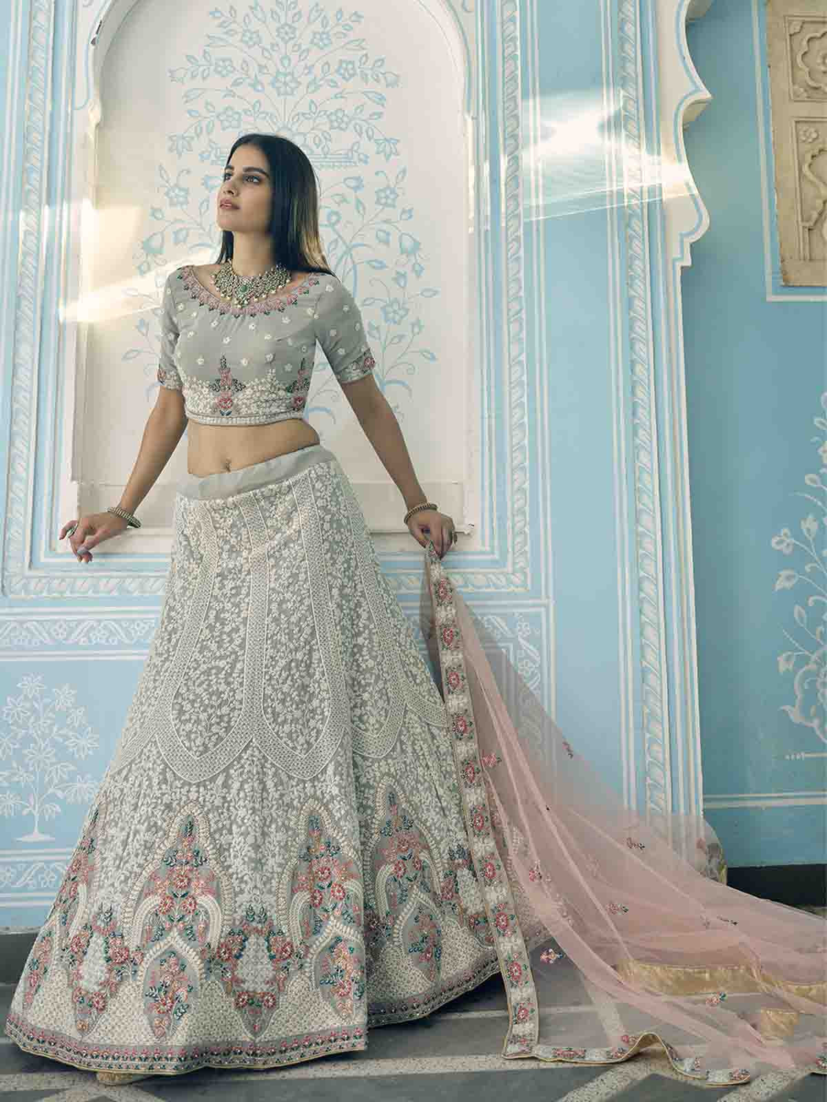 Grey Designer Semi Stitched Lehenga With  Unstitched Blouse Clothsvilla