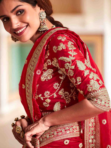 Red Organza Embroidered Saree With Unstitched Blouse Clothsvilla