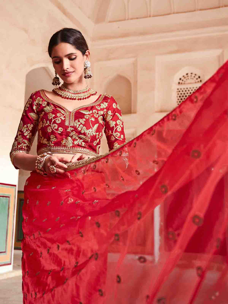 Red Organza Embroidered Saree With Unstitched Blouse Clothsvilla