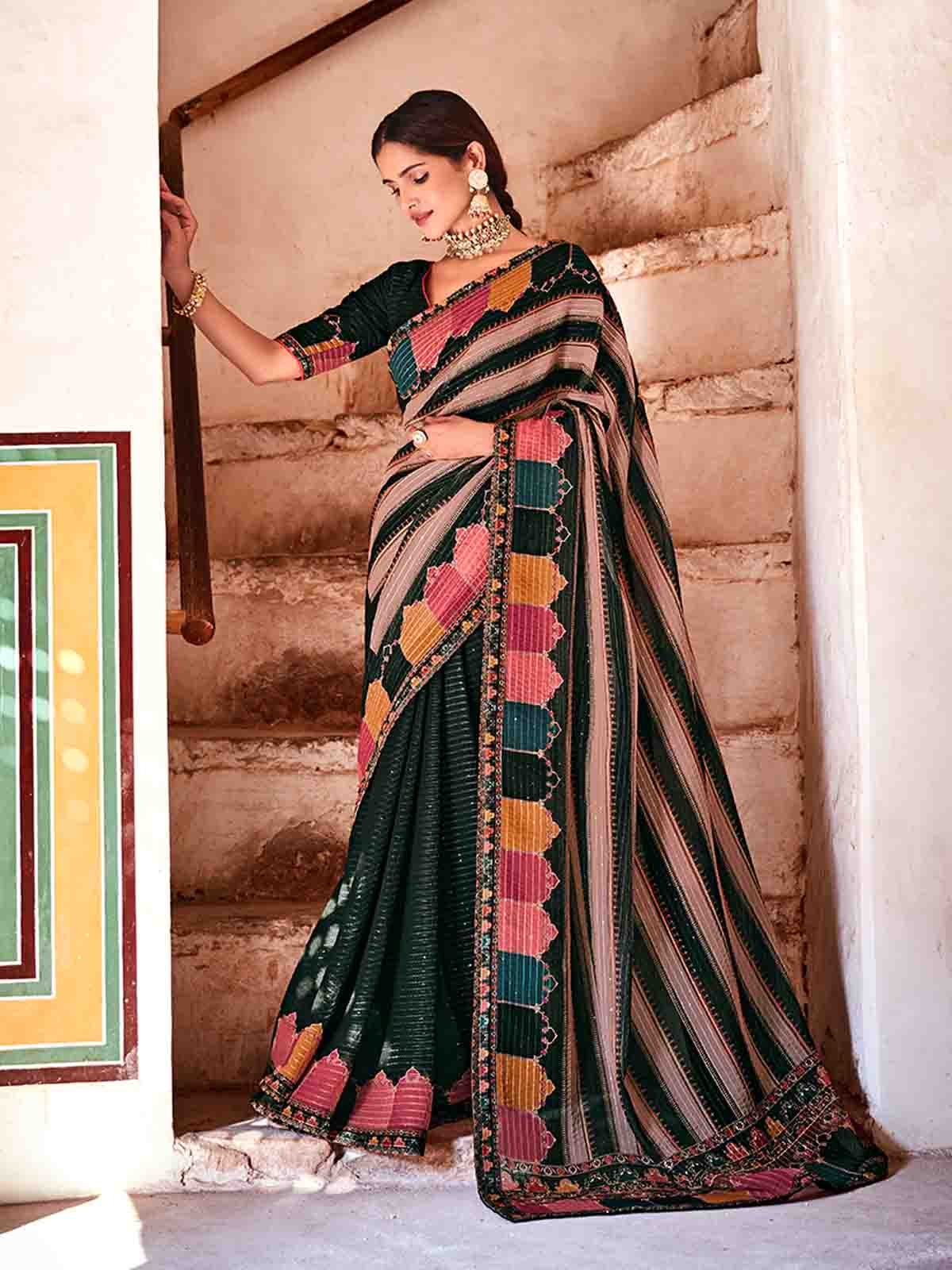 Dark Green Georgette Embroidered Saree With Unstitched Blouse Clothsvilla