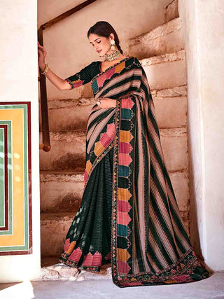 Dark Green Georgette Embroidered Saree With Unstitched Blouse Clothsvilla