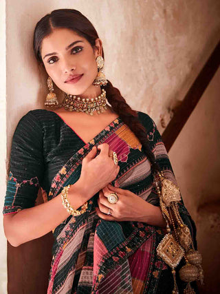 Dark Green Georgette Embroidered Saree With Unstitched Blouse Clothsvilla