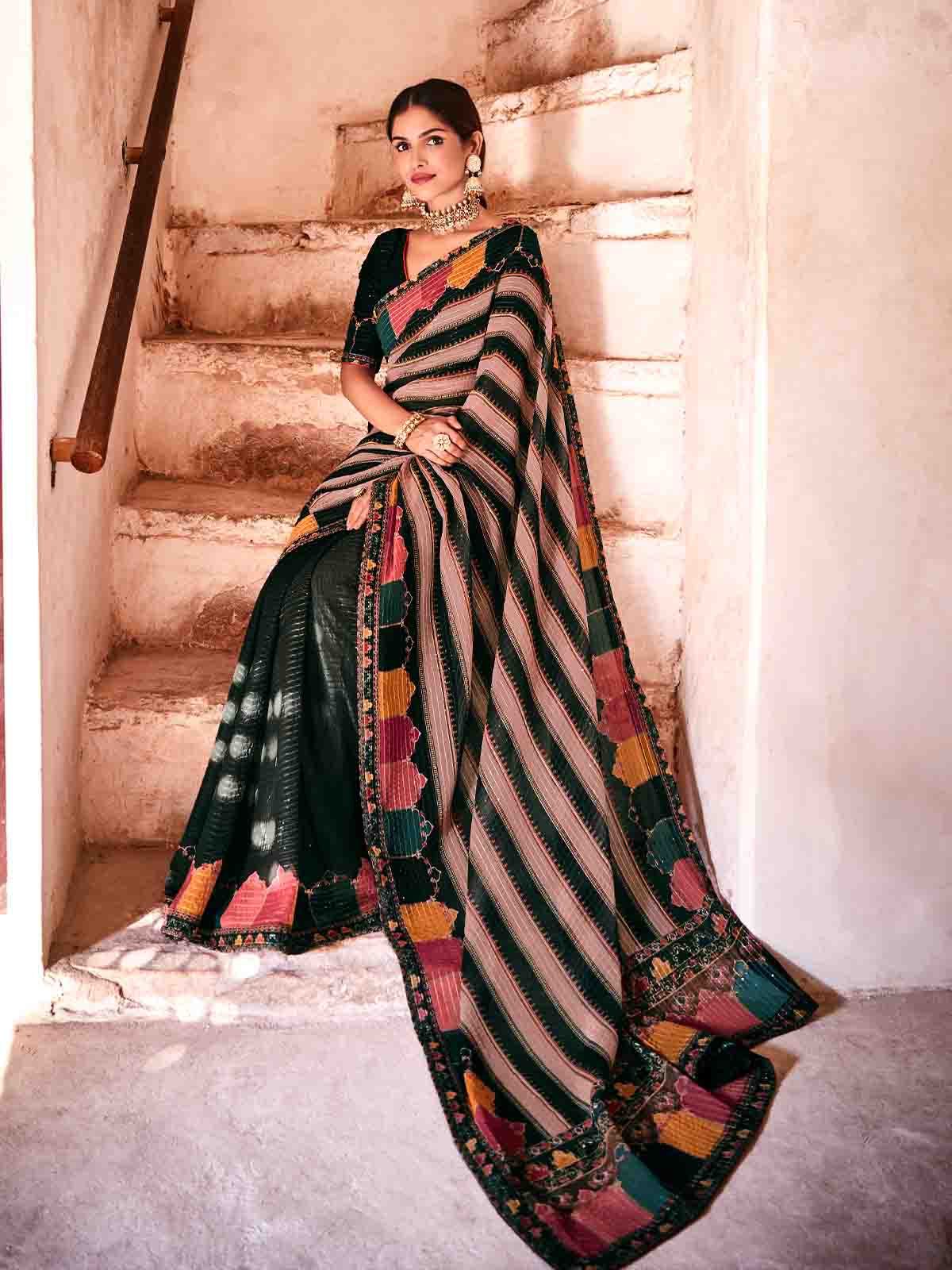 Dark Green Georgette Embroidered Saree With Unstitched Blouse Clothsvilla