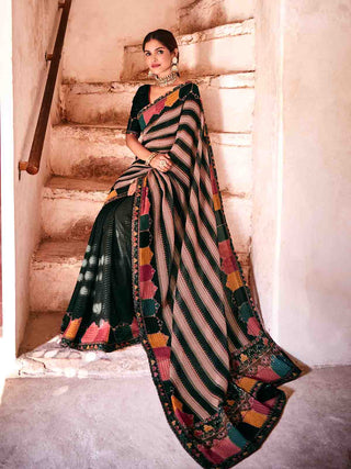 Dark Green Georgette Embroidered Saree With Unstitched Blouse Clothsvilla