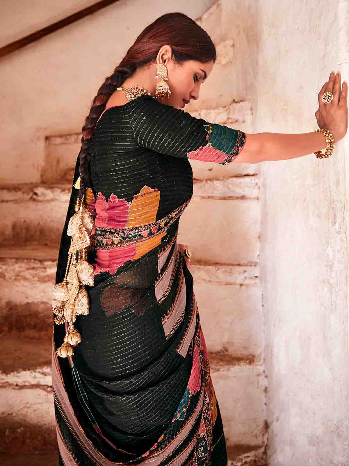 Dark Green Georgette Embroidered Saree With Unstitched Blouse Clothsvilla