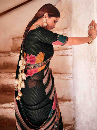Dark Green Georgette Embroidered Saree With Unstitched Blouse Clothsvilla