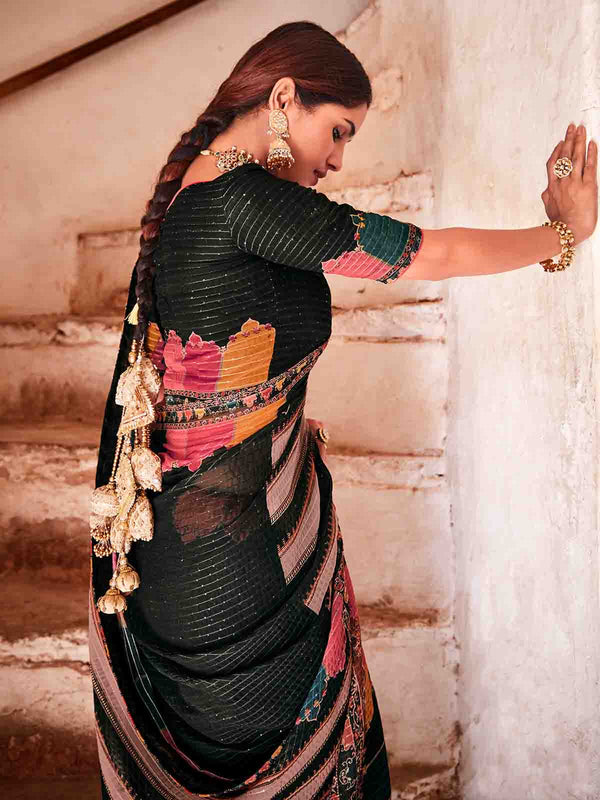 Dark Green Georgette Embroidered Saree With Unstitched Blouse Clothsvilla