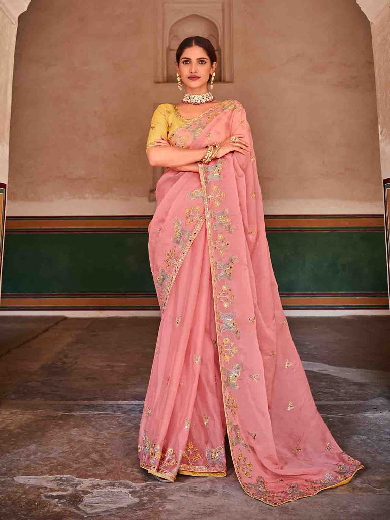 Pink Organza Embroidered Saree With Unstitched Blouse Clothsvilla