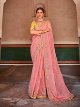 Load image into Gallery viewer, Pink Organza Embroidered Saree With Unstitched Blouse Clothsvilla