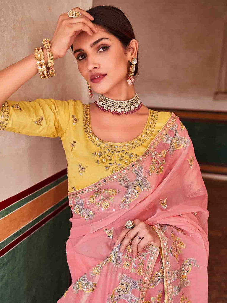 Pink Organza Embroidered Saree With Unstitched Blouse Clothsvilla