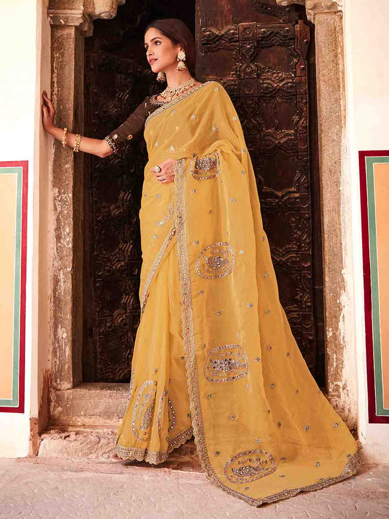 Yellow Organza Embroidered Saree With Unstitched Blouse Clothsvilla