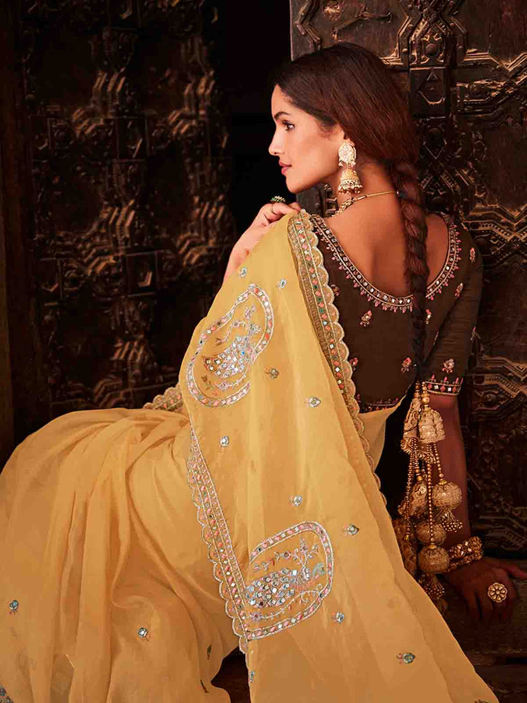 Yellow Organza Embroidered Saree With Unstitched Blouse Clothsvilla