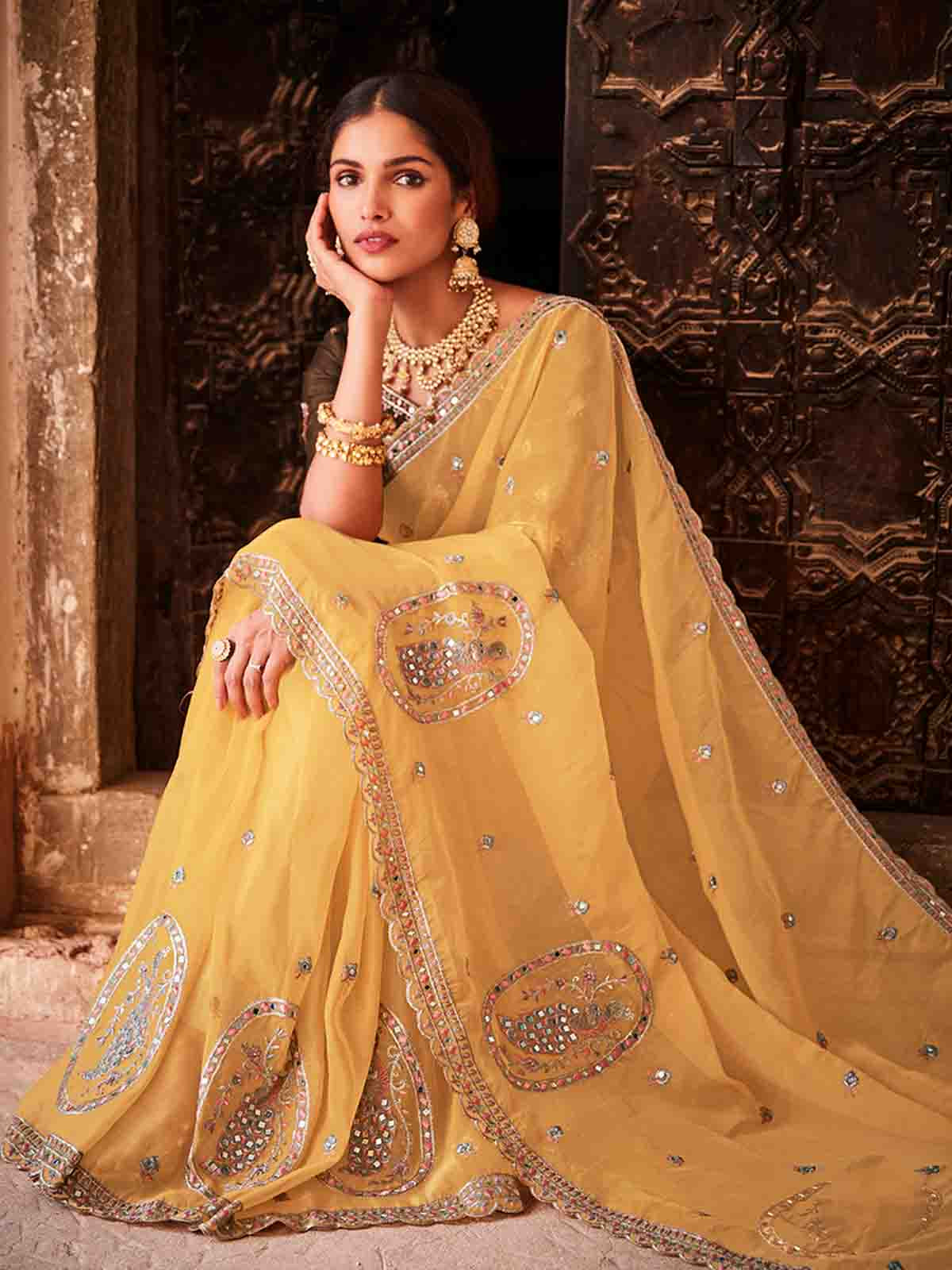 Yellow Organza Embroidered Saree With Unstitched Blouse Clothsvilla