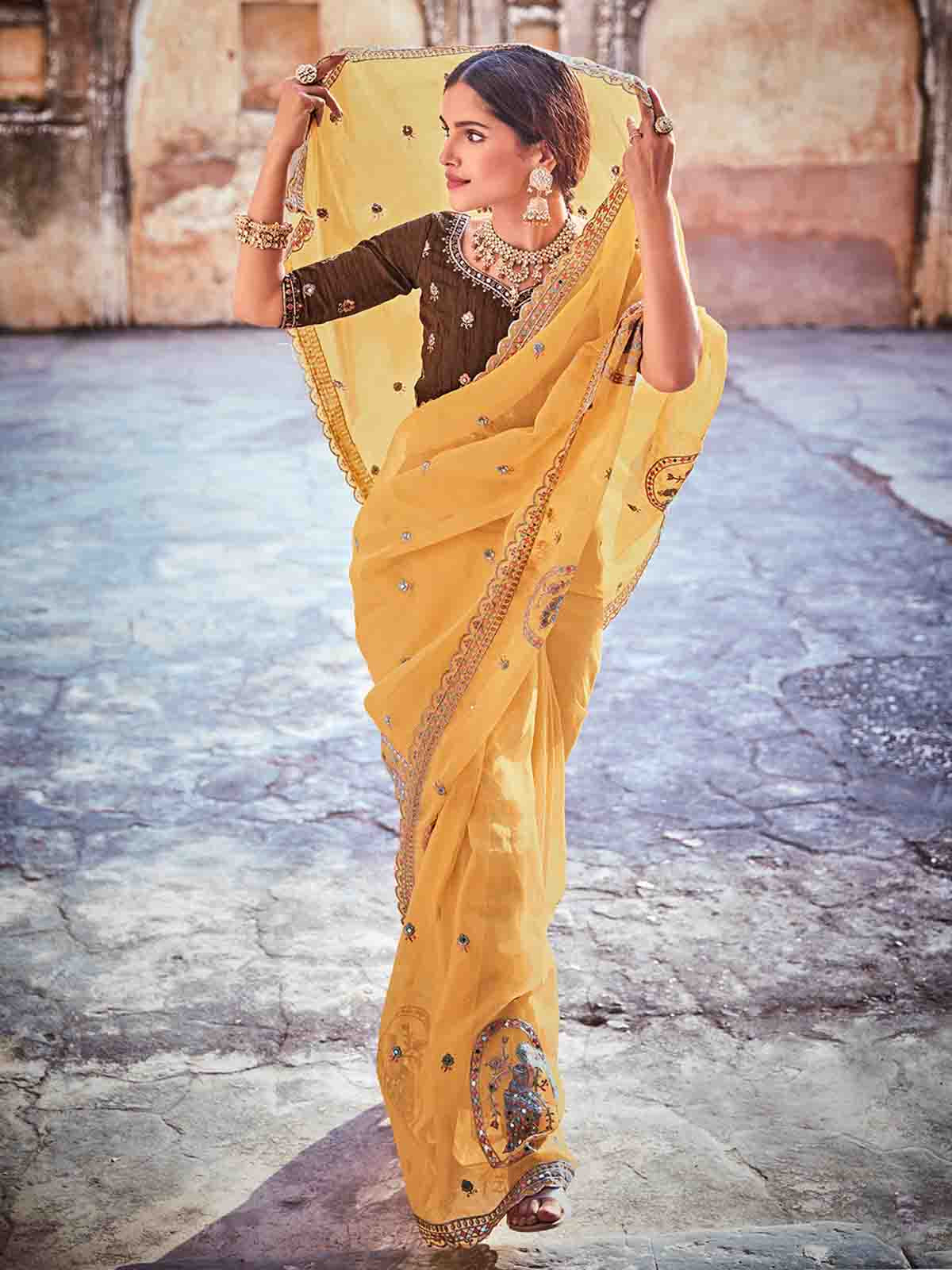 Yellow Organza Embroidered Saree With Unstitched Blouse Secondary image