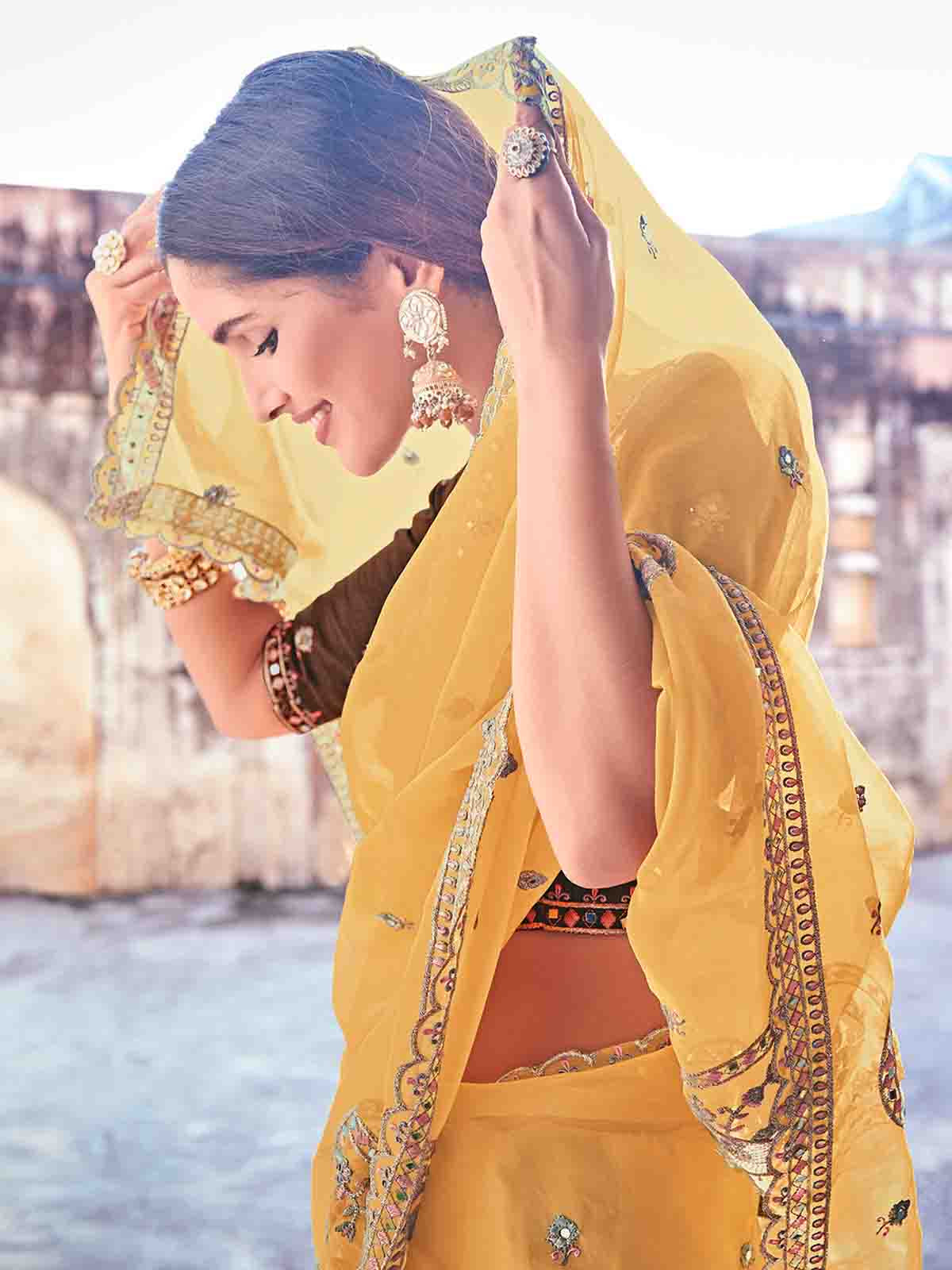 Yellow Organza Embroidered Saree With Unstitched Blouse Clothsvilla