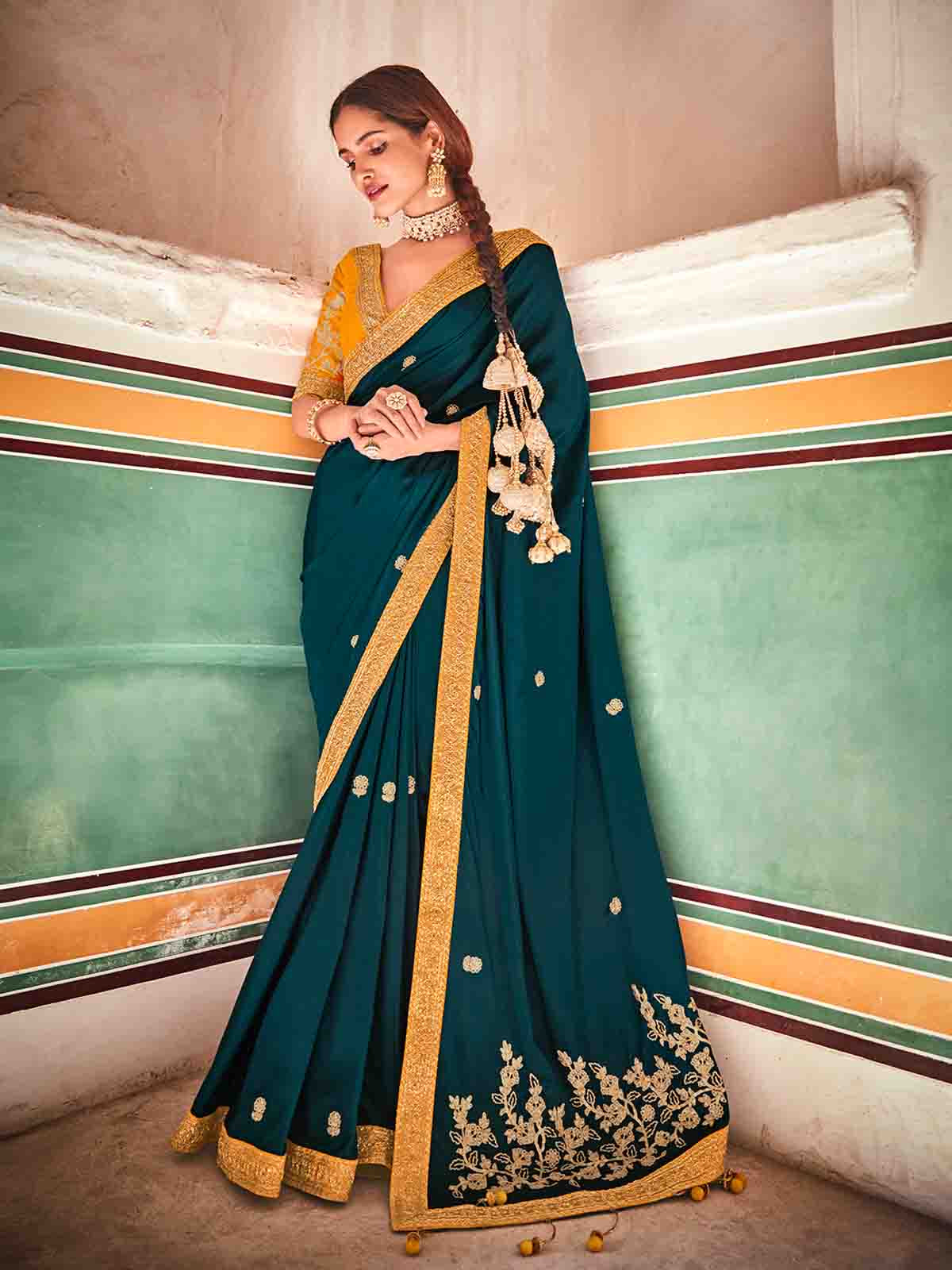 Teal Crepe Silk Embroidered Saree With Unstitched Blouse Clothsvilla Main image