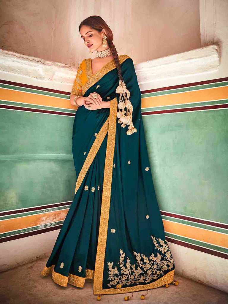 Teal Crepe Silk Embroidered Saree With Unstitched Blouse Clothsvilla