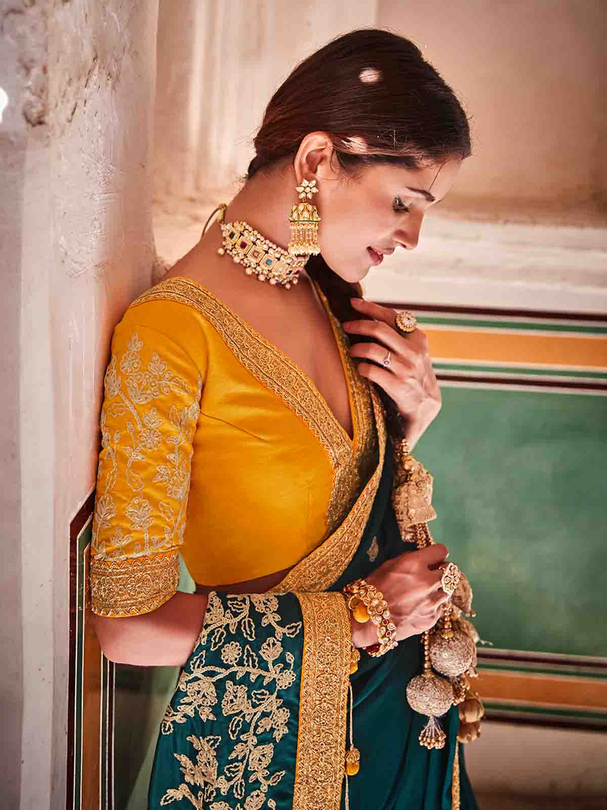 Teal Crepe Silk Embroidered Saree With Unstitched Blouse Secondary image