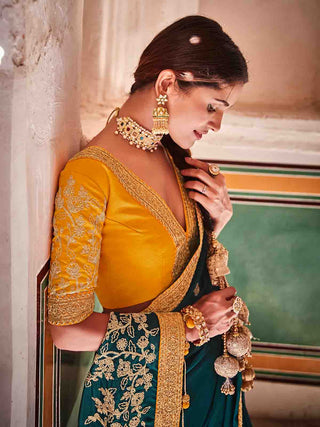 Teal Crepe Silk Embroidered Saree With Unstitched Blouse Clothsvilla
