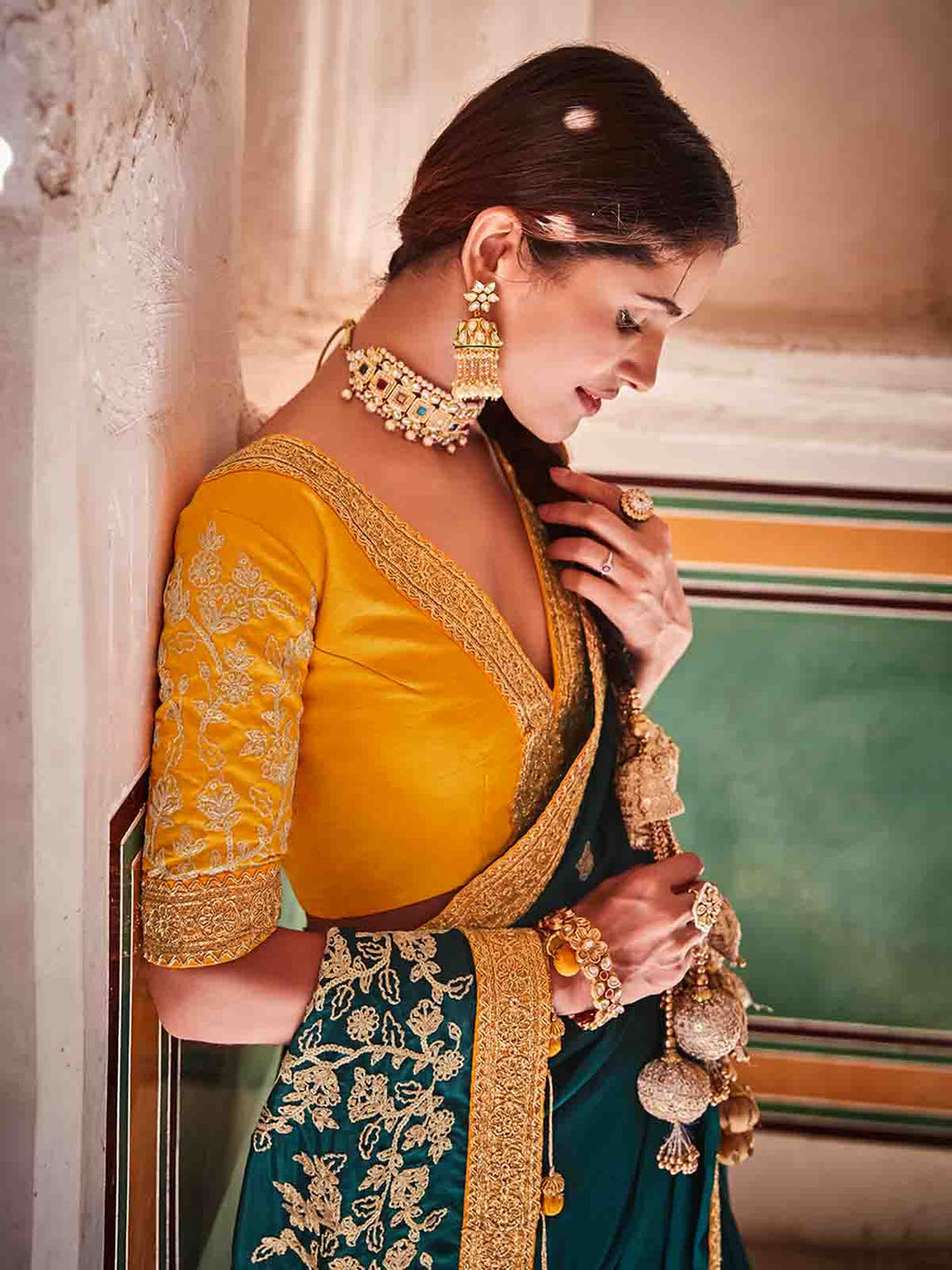 Teal Crepe Silk Embroidered Saree With Unstitched Blouse Clothsvilla