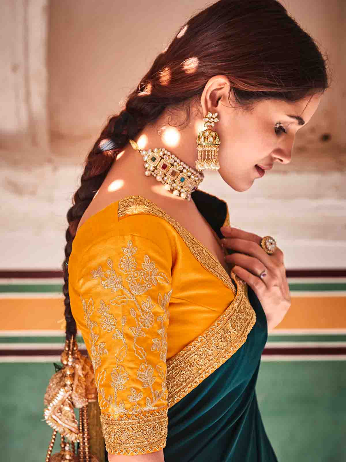 Teal Crepe Silk Embroidered Saree With Unstitched Blouse Clothsvilla