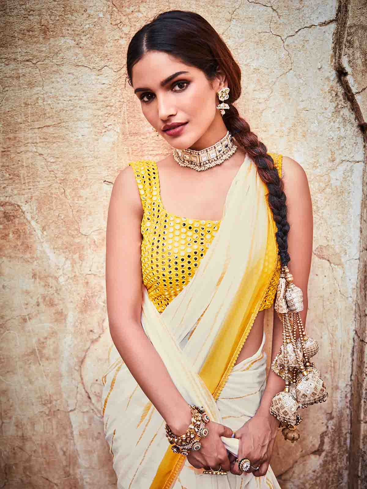 White Georgette Embroidered Saree With Unstitched Blouse Clothsvilla