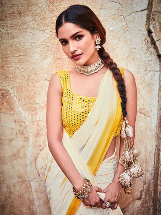 White Georgette Embroidered Saree With Unstitched Blouse Clothsvilla