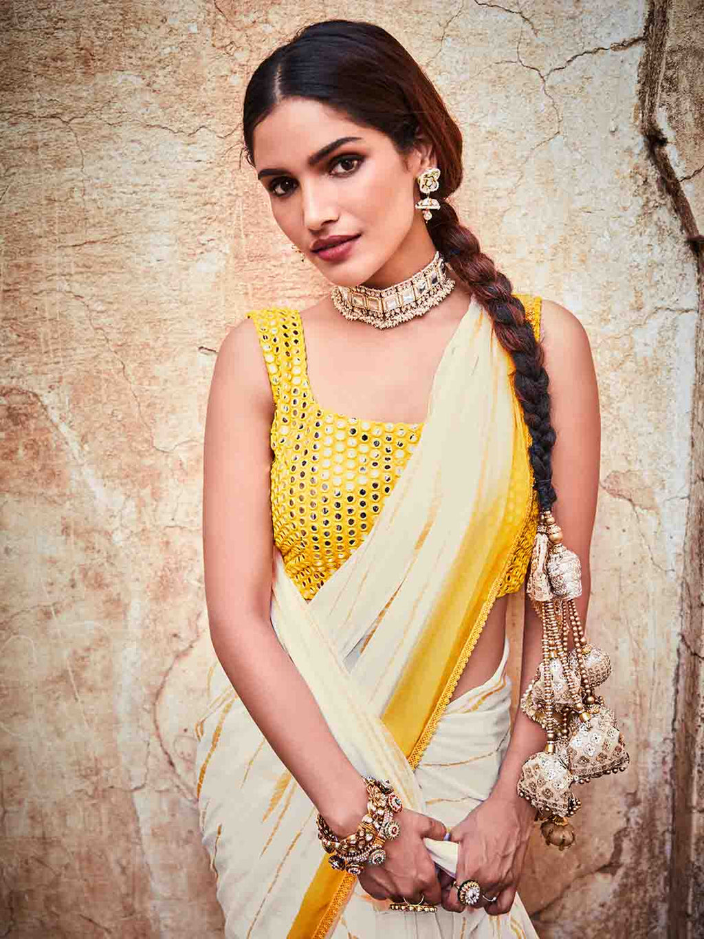 White Georgette Embroidered Saree With Unstitched Blouse Clothsvilla