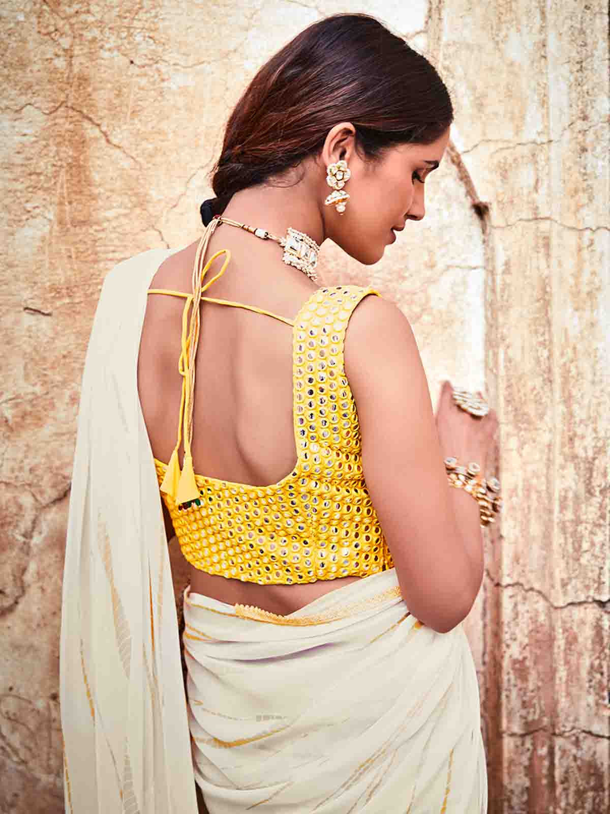 White Georgette Embroidered Saree With Unstitched Blouse Clothsvilla
