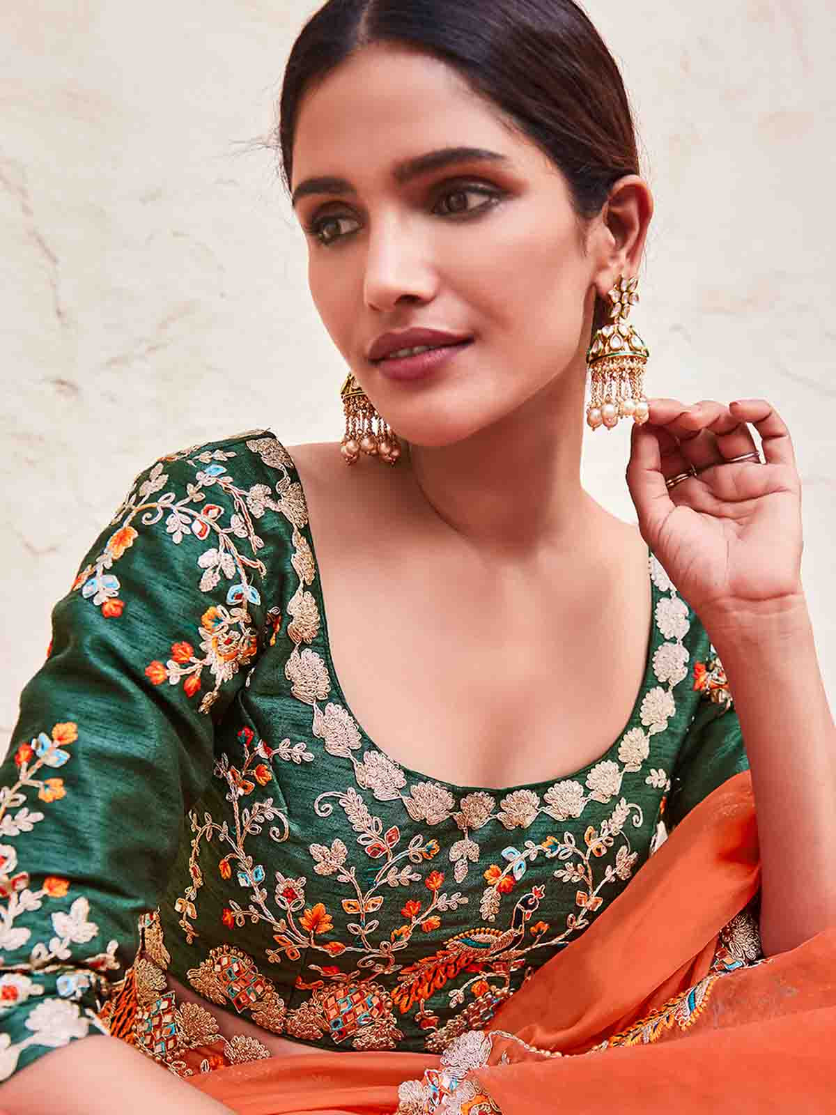 Orange Organza Embroidered Saree With Unstitched Blouse Secondary image