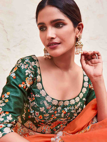 Orange Organza Embroidered Saree With Unstitched Blouse Clothsvilla