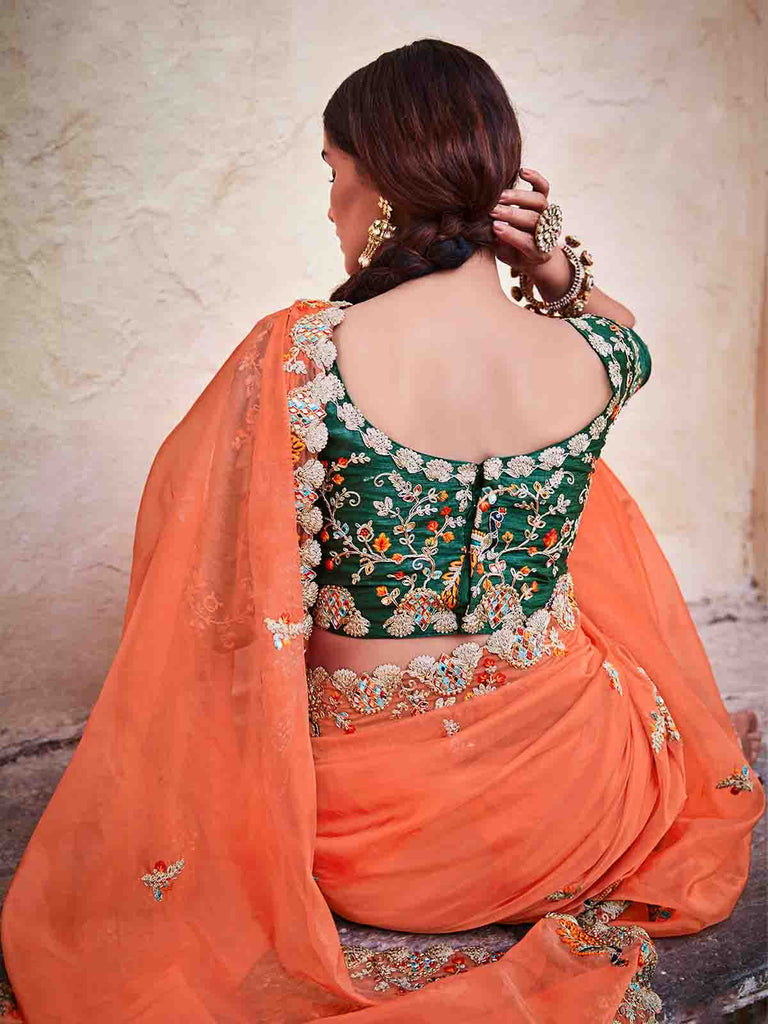 Orange Organza Embroidered Saree With Unstitched Blouse Clothsvilla