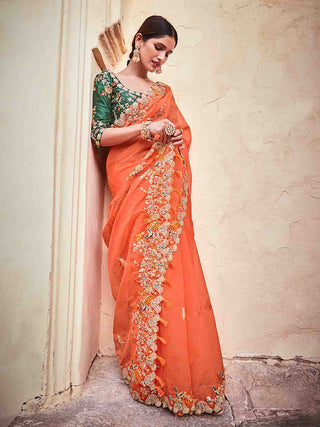 Orange Organza Embroidered Saree With Unstitched Blouse Clothsvilla