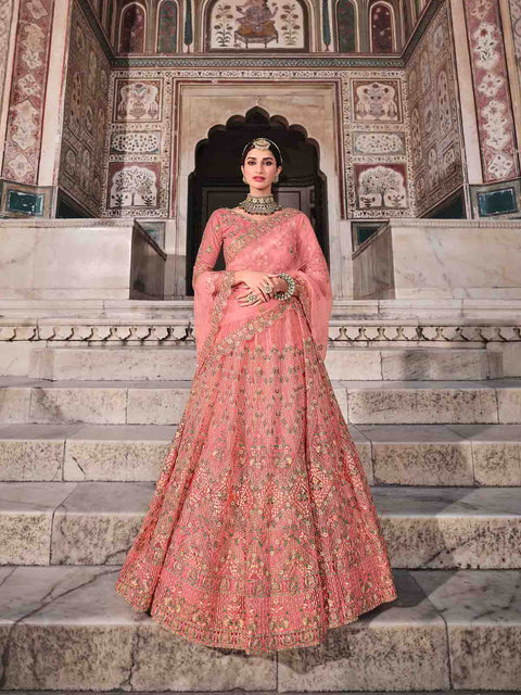Pretty  Peach Soft Net Semi Stitched Lehenga With  Unstitched Blouse Clothsvilla Main image