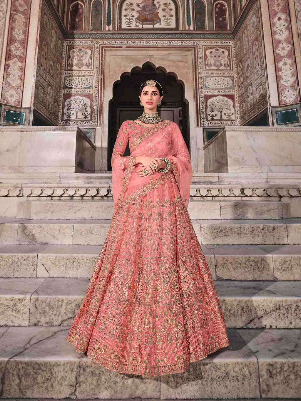 Pretty  Peach Soft Net Semi Stitched Lehenga With  Unstitched Blouse Clothsvilla