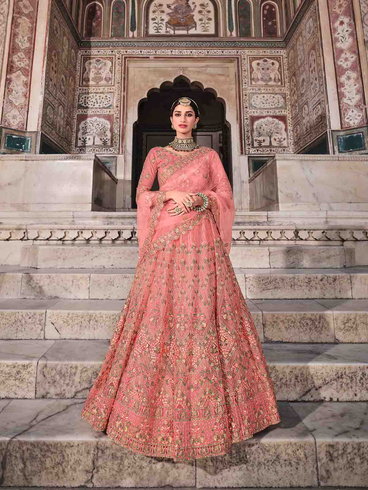 Pretty  Peach Soft Net Semi Stitched Lehenga With  Unstitched Blouse Clothsvilla