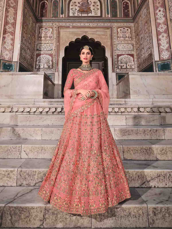Pretty  Peach Soft Net Semi Stitched Lehenga With  Unstitched Blouse Clothsvilla