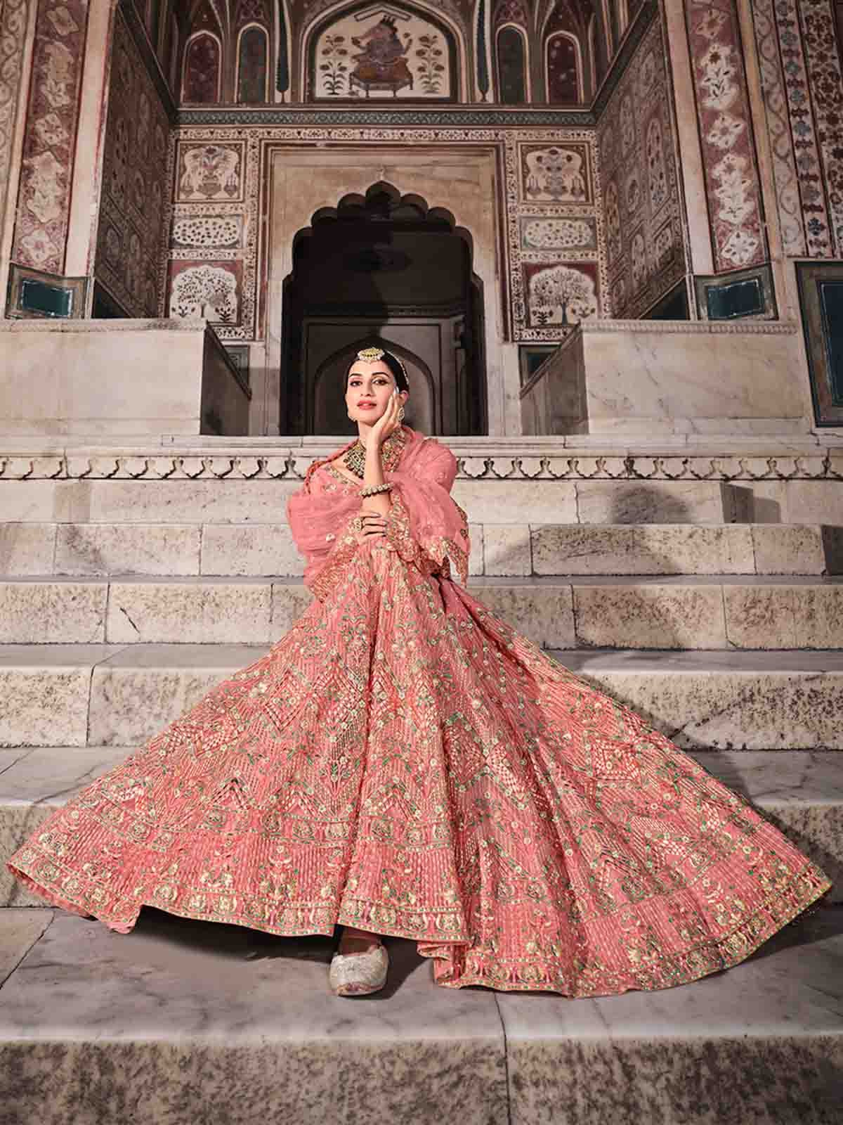 Pretty  Peach Soft Net Semi Stitched Lehenga With  Unstitched Blouse Clothsvilla