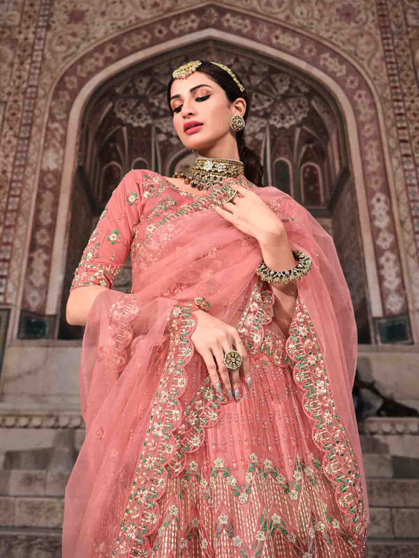 Pretty  Peach Soft Net Semi Stitched Lehenga With  Unstitched Blouse Clothsvilla