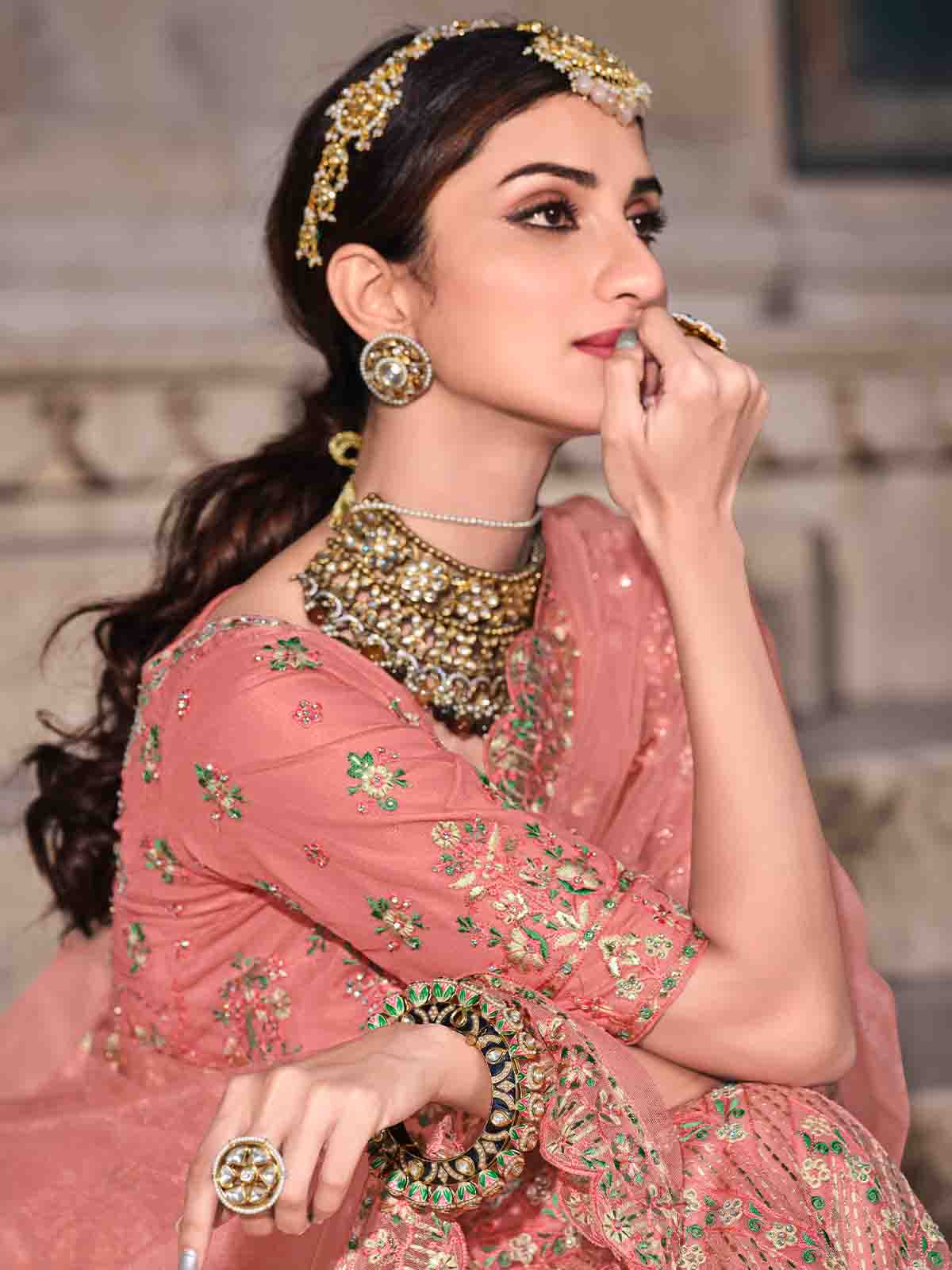 Pretty  Peach Soft Net Semi Stitched Lehenga With  Unstitched Blouse Clothsvilla