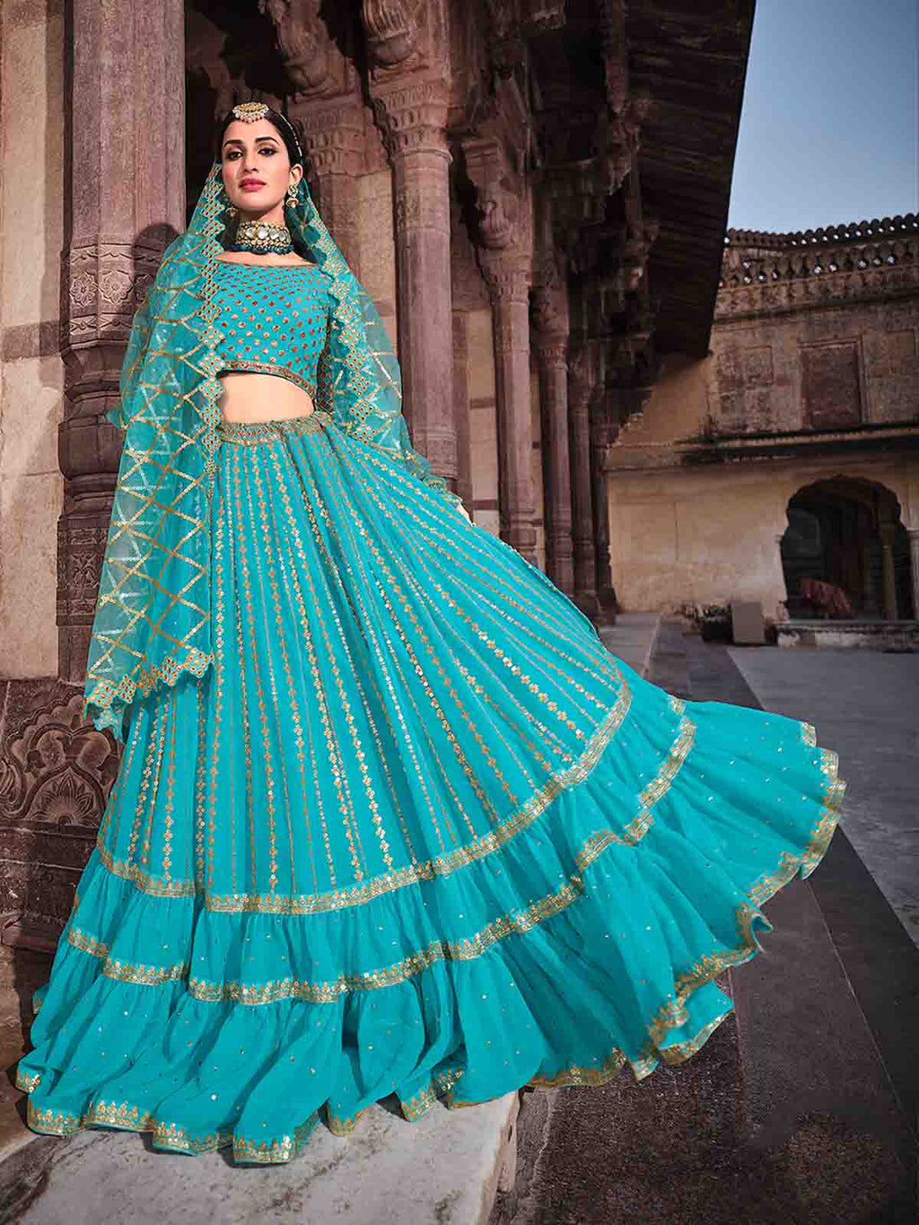 Blue Sequins Sassy Semi Stitched Lehenga With  Unstitched Blouse Clothsvilla