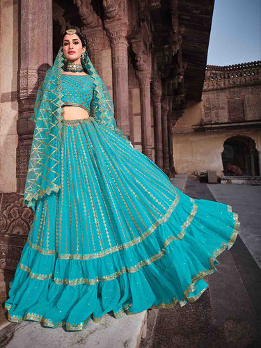 Blue Sequins Sassy Semi Stitched Lehenga With  Unstitched Blouse Clothsvilla