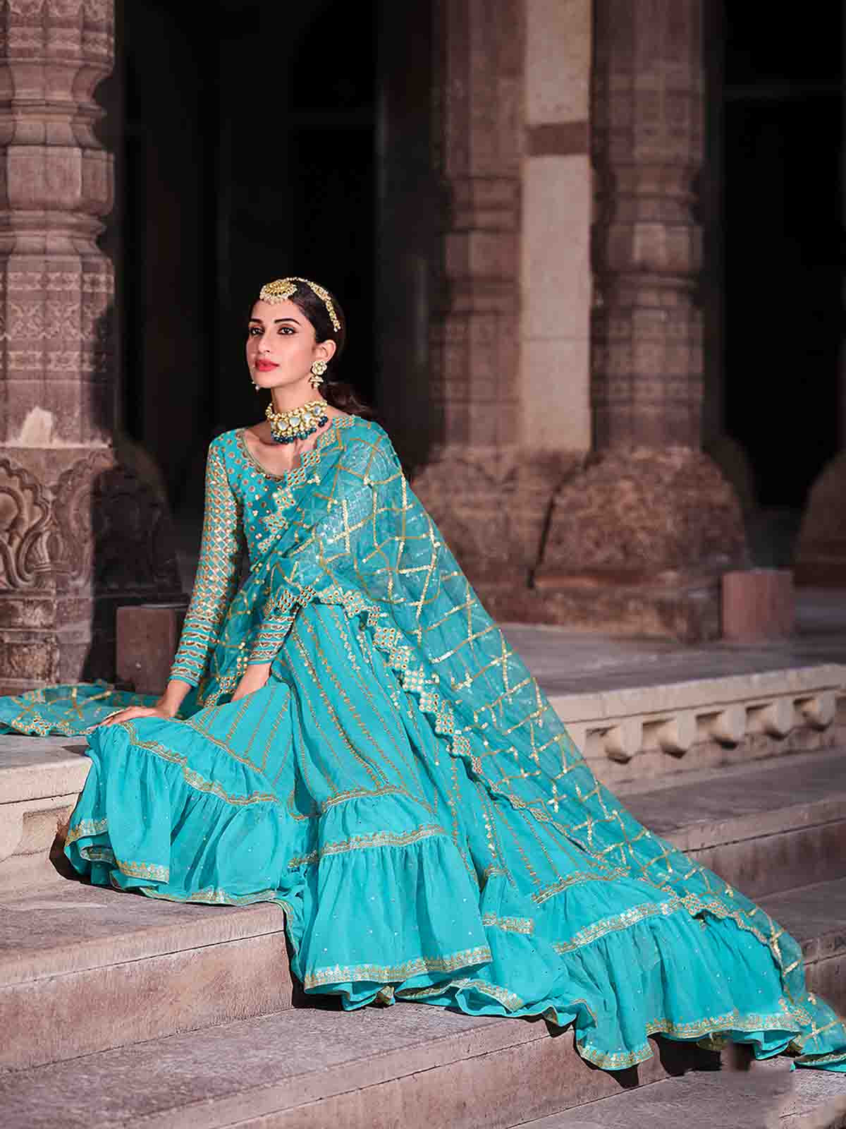 Blue Sequins Sassy Semi Stitched Lehenga With  Unstitched Blouse Clothsvilla