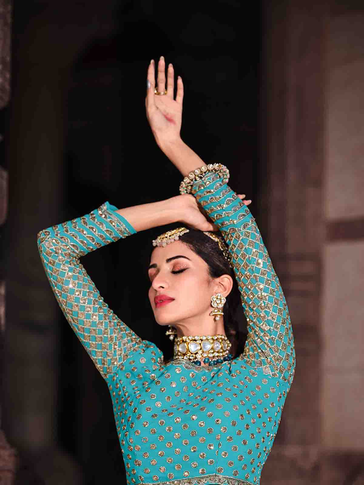 Blue Sequins Sassy Semi Stitched Lehenga With  Unstitched Blouse Clothsvilla