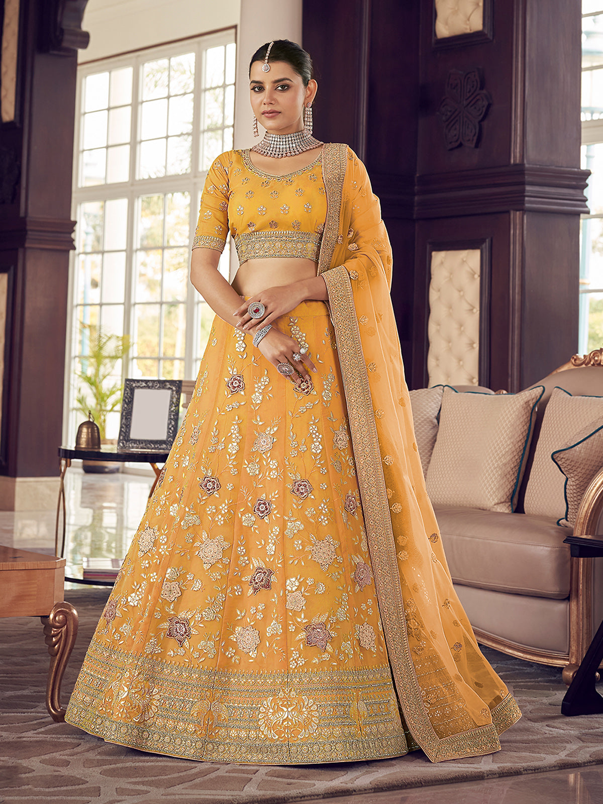Yellow Embroidered Organza Semi Stitched Lehenga With Unstitched Blouse Clothsvilla Main image