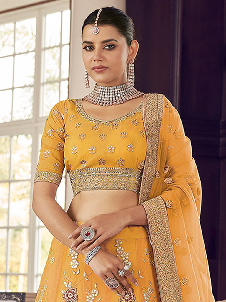 Yellow Embroidered Organza Semi Stitched Lehenga With Unstitched Blouse Clothsvilla