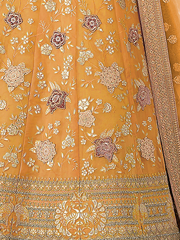Yellow Embroidered Organza Semi Stitched Lehenga With Unstitched Blouse Clothsvilla